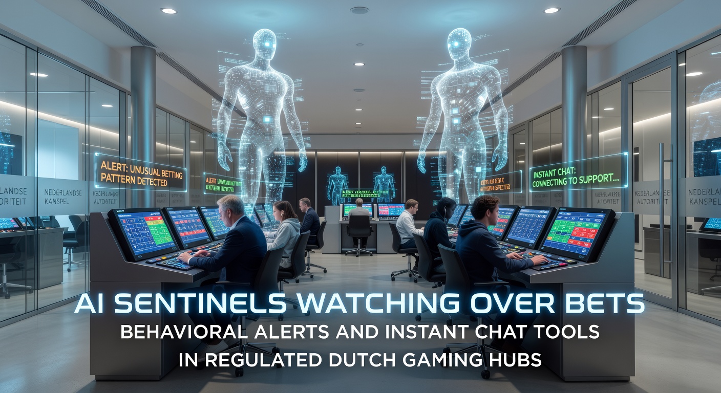 Afbeelding van een AI-interface die speelgedrag monitort op een Nederlands online casino-platform, met alerts en chatvensters zichtbaar