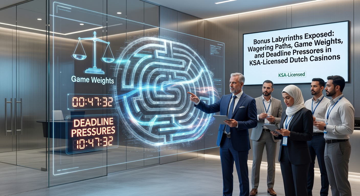 Schematische weergave van een bonuslabyrint met windingen van inzetvereisten, spelgewichten en tijdlimieten in een Nederlands casino-omgeving