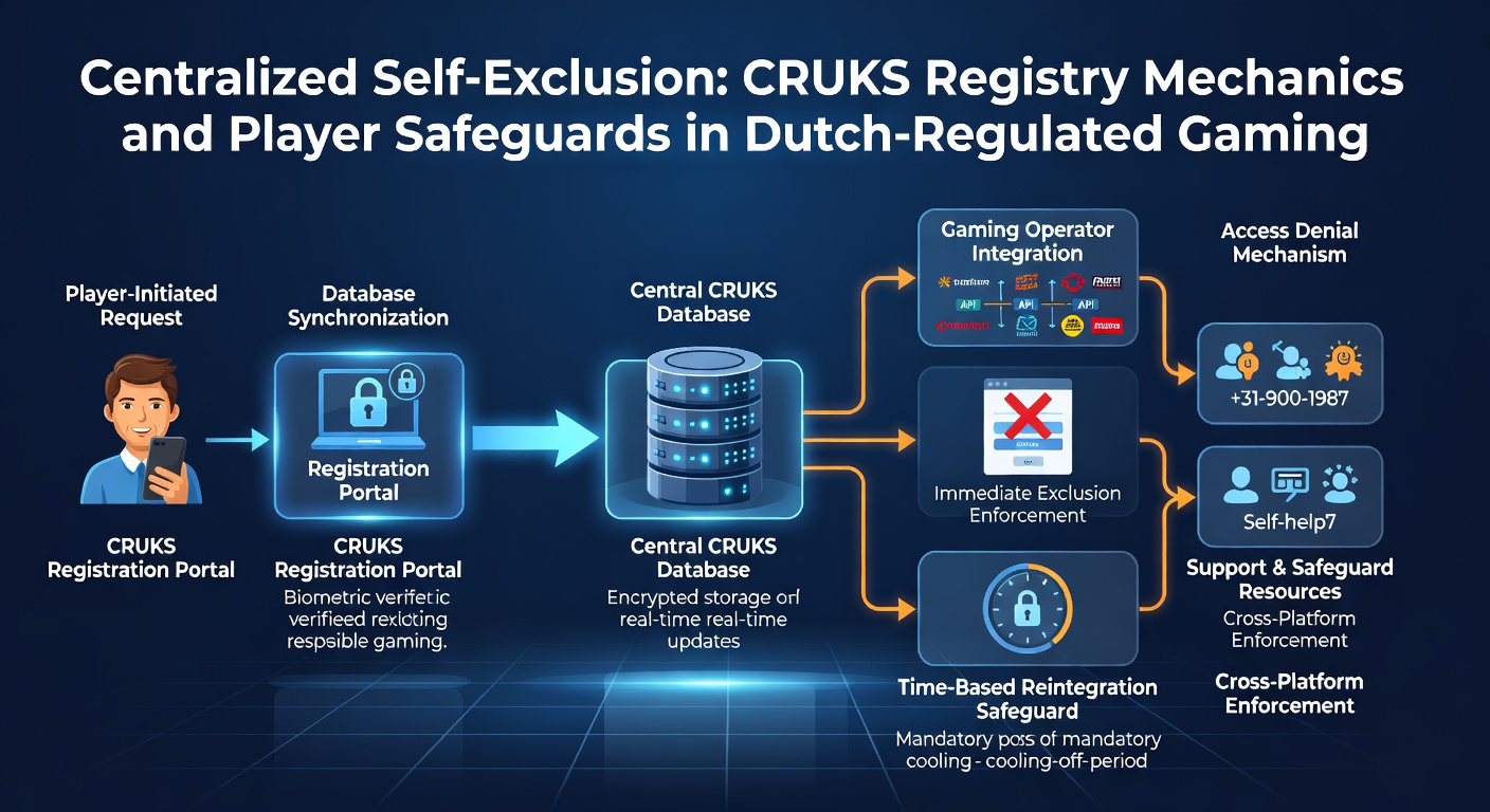 Schematische weergave van CRUKS-mechanieken met pijlen van spelersregistratie naar operator-blokkades en hulplijnen