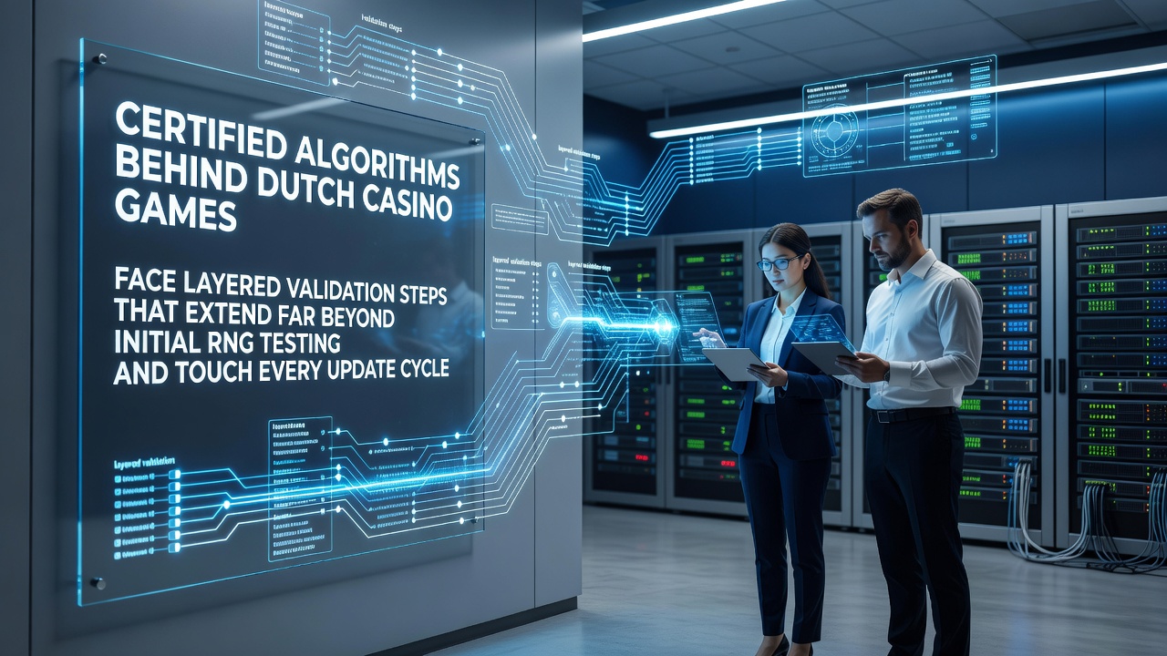 Diagram van gelaagde validatiestappen voor algoritmes in casino software inclusief RNG en update cycli