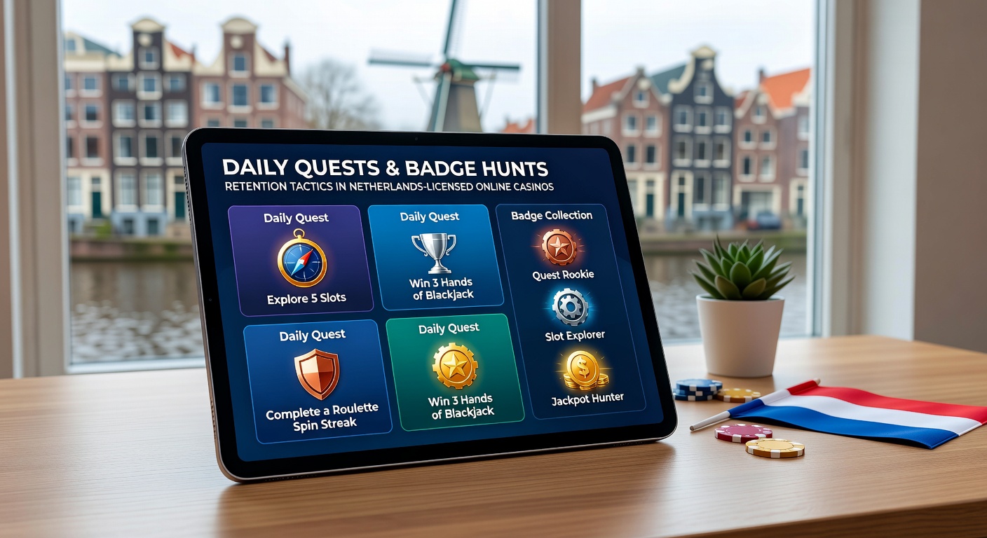 Spelersinterface met dagelijkse quests en badges in een Nederlands online casino, tonen voortgang en beloningen