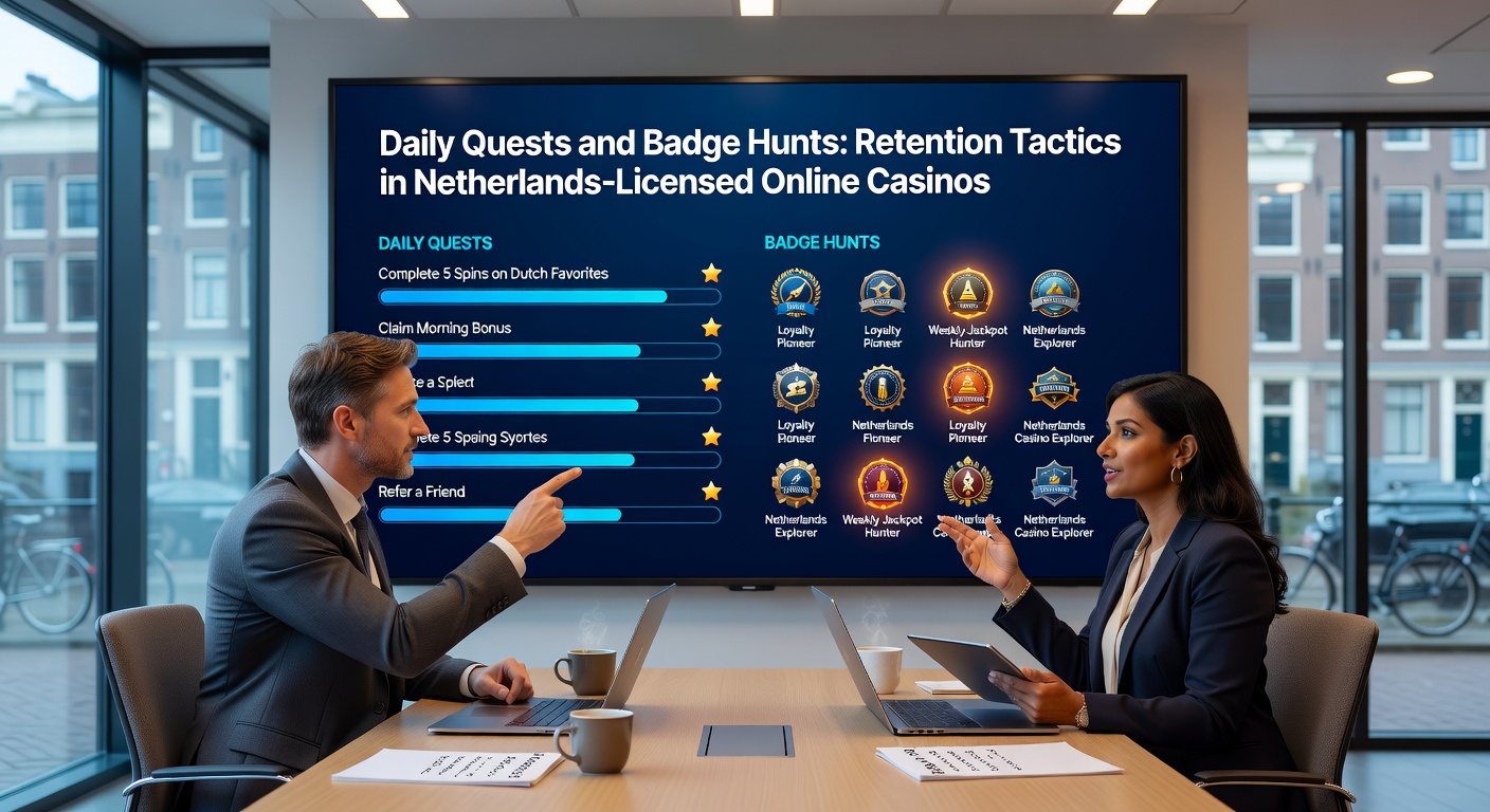 Vooruitgangsscherm van een badge hunt in een mobiel casino-app, met verzamelde insignes en volgende uitdagingen