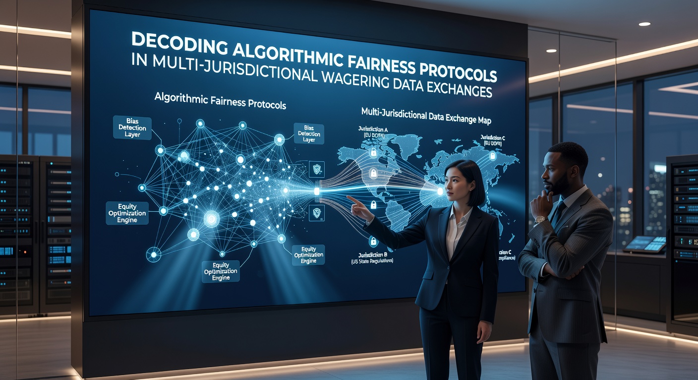 Diagram van multi-jurisdictionele data-uitwisseling met fairness checks en encryptie lagen