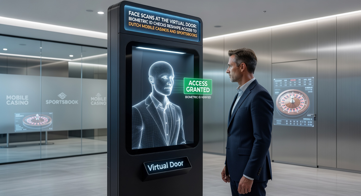 Smartphone met gezichtsscan die toegang verleent tot een mobiel casino-app, met Nederlandse vlag op de achtergrond
