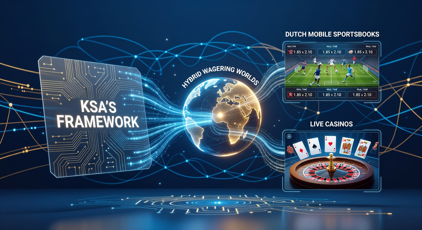Afbeelding van een mobiel scherm met hybride wedopties, inclusief sportweddenschappen en live casino tafels onder KSA-regulering, symboliserend naadloze integratie in de Nederlandse gokmarkt