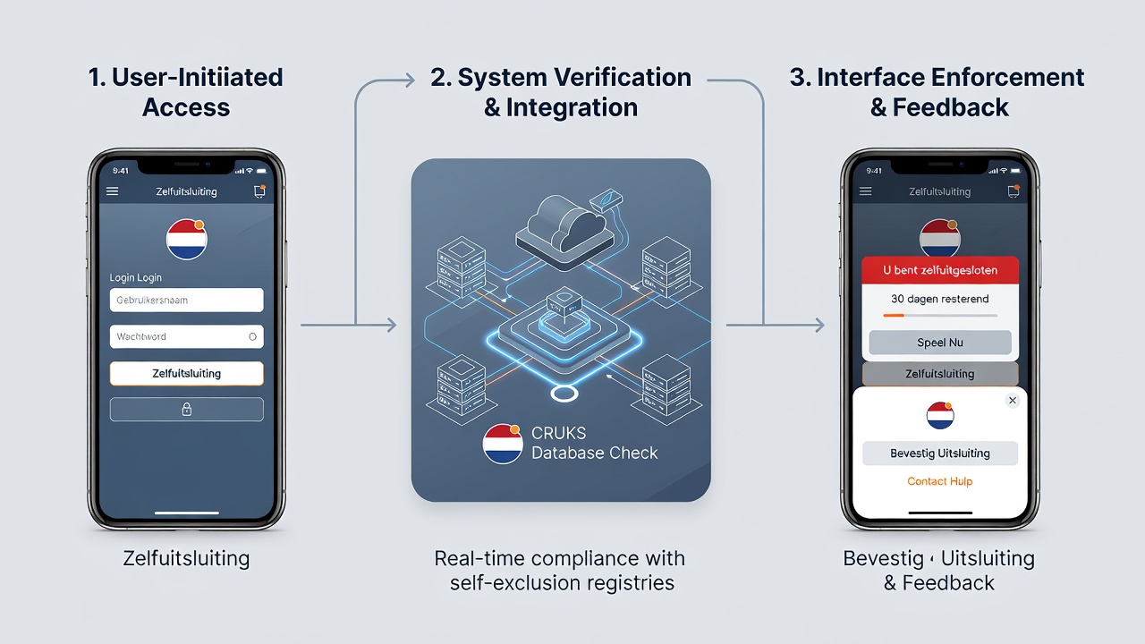 Detailweergave van een sportsbook app met een zelfuitsluitingsvenster dat realtime synchronisatie met CRUKS toont