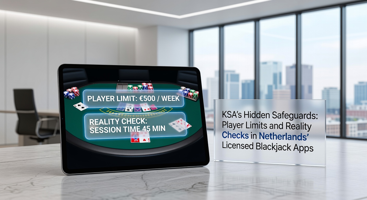 Schermafbeelding van een blackjack-app met spelerslimiet-instellingen en een realiteitscheck-pop-up, geïllustreerd met KSA-logo