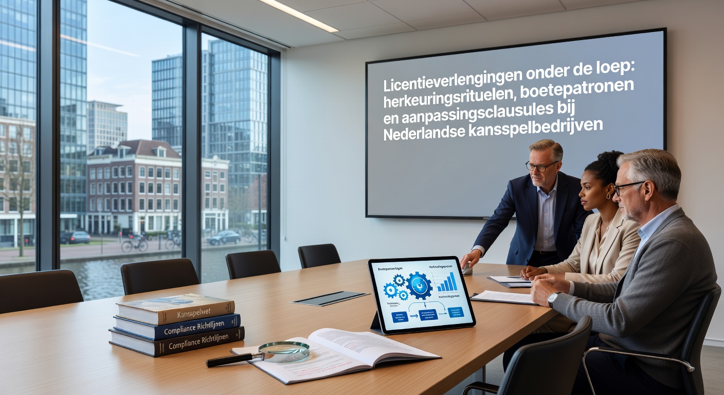 Overzicht van KSA-kantoor met documenten en licentiepapieren, symboliserend het strenge verlengingsproces voor Nederlandse kansspelbedrijven