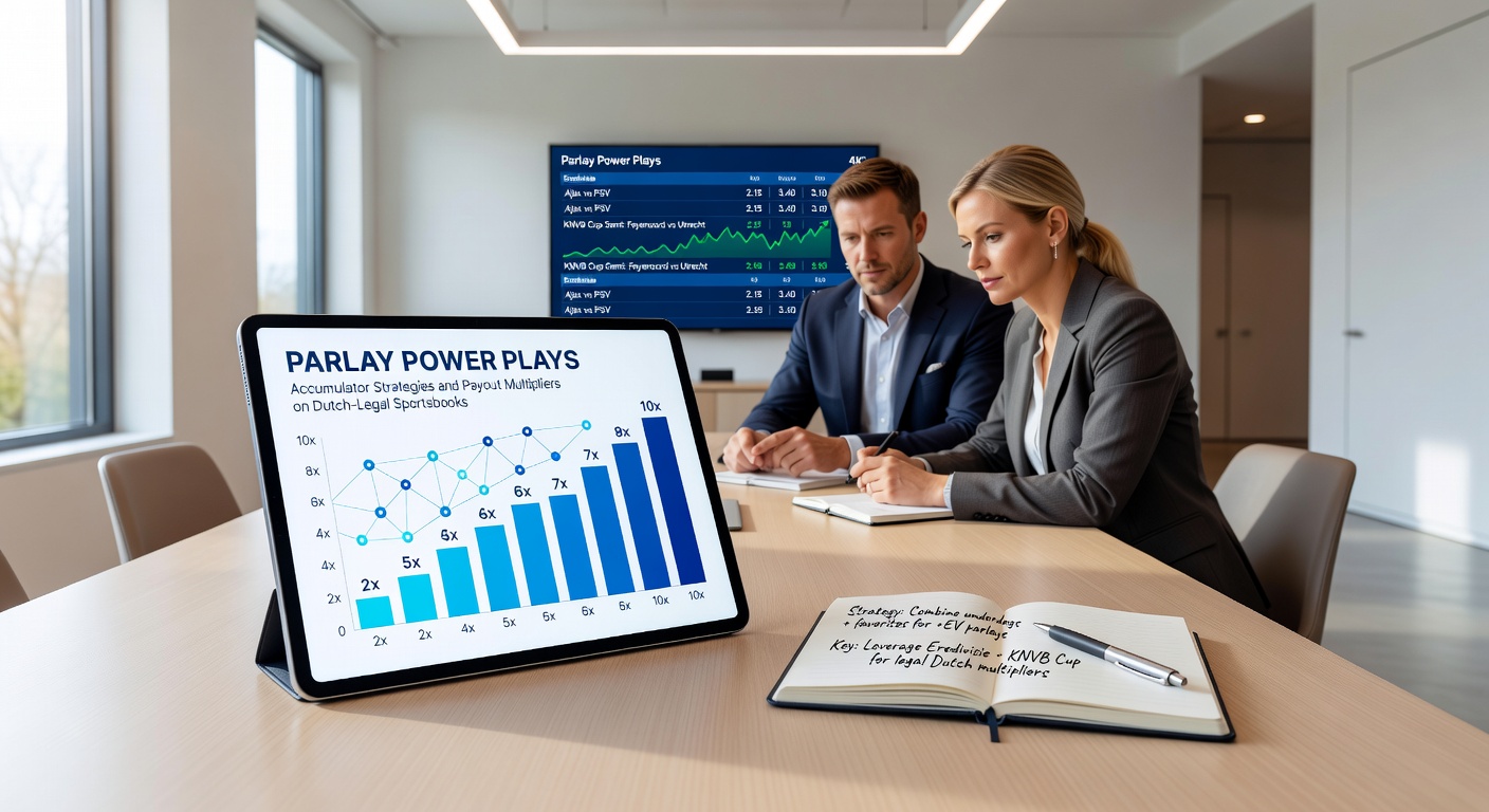 Schermafbeelding van een accumulator-builder tool op een Nederlands sportsbook, met opties voor odds-aanpassing en payout-calculatie