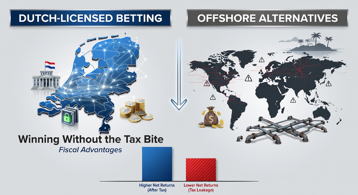 Grafiek die de belastingbesparingen illustreert bij winsten uit KSA-gelicentieerde platforms vergeleken met offshore sites, met Nederlandse euro-symbolen en veilige sloten